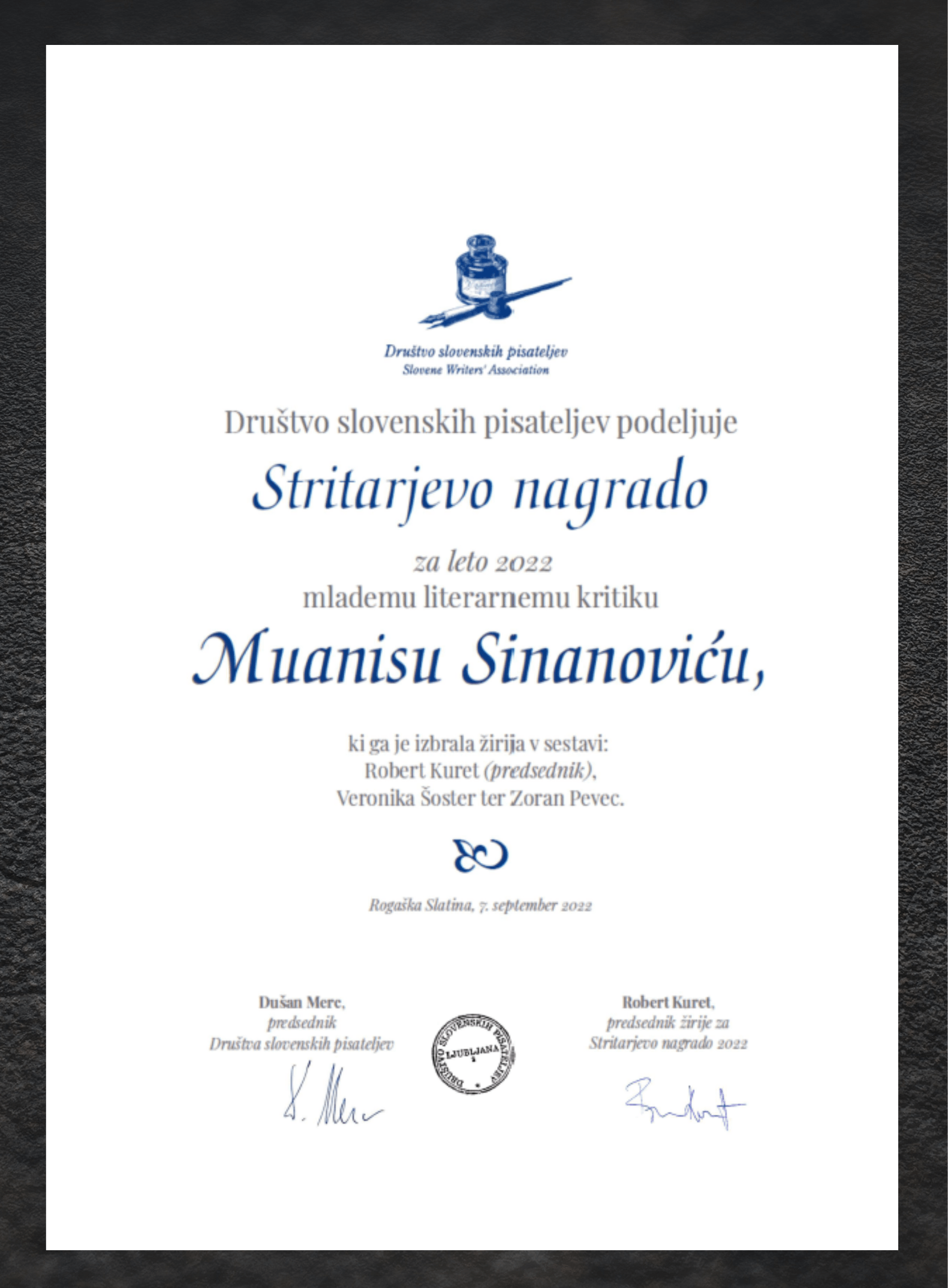 Stritarjev nagrajenec je Muanis Sinanović
